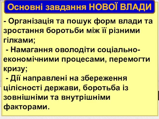 - Організація та пошук форм влади та зростання боротьби між її