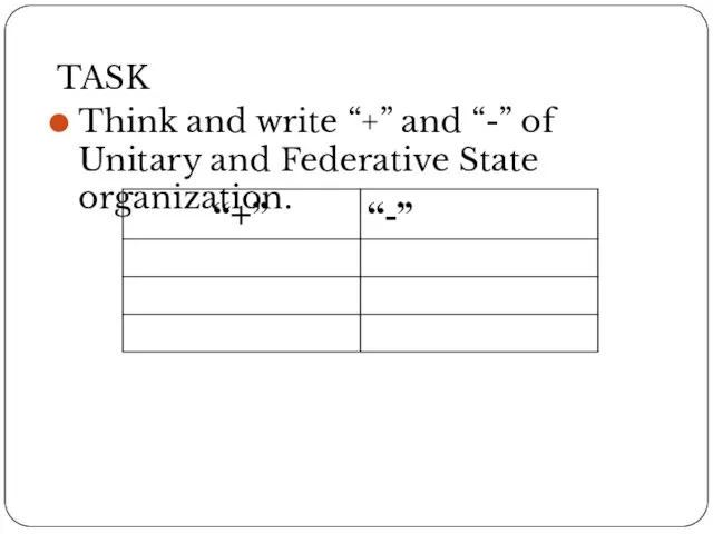 TASK Think and write “+” and “-” of Unitary and Federative State organization.