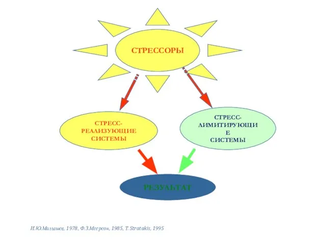 СТРЕССОРЫ СТРЕСС-РЕАЛИЗУЮЩИЕ СИСТЕМЫ СТРЕСС-ЛИМИТИРУЮЩИЕ СИСТЕМЫ РЕЗУЛЬТАТ И.Ю.Малышев, 1978, Ф.З.Меерсон, 1985, T. Stratakis, 1995
