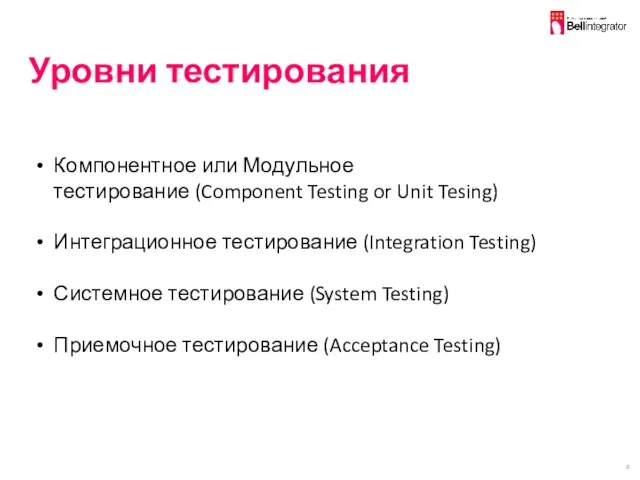 Уровни тестирования Компонентное или Модульное тестирование (Component Testing or Unit Tesing)