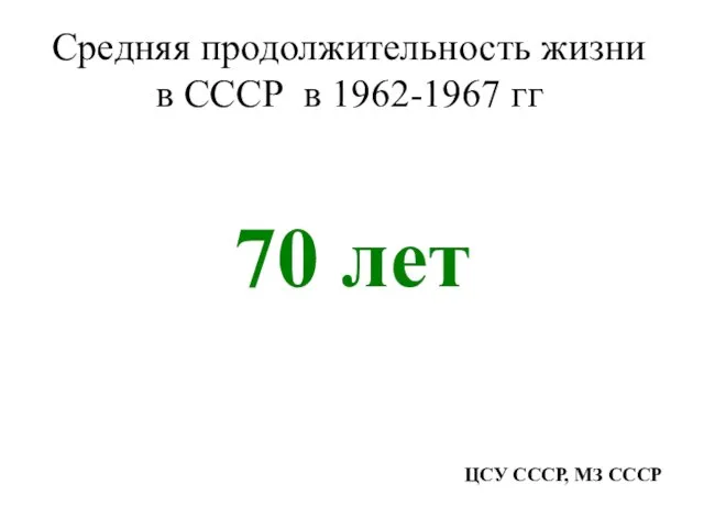 Средняя продолжительность жизни в СССР в 1962-1967 гг 70 лет ЦСУ СССР, МЗ СССР