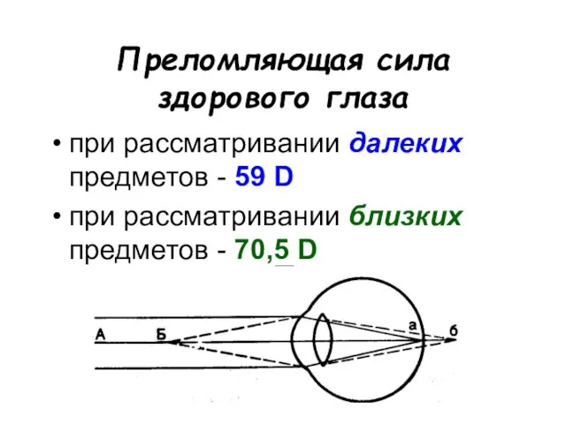 Преломляющая сила здорового глаза при рассматривании далеких предметов - 59 D