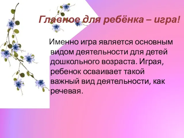 Главное для ребёнка – игра! Именно игра является основным видом деятельности