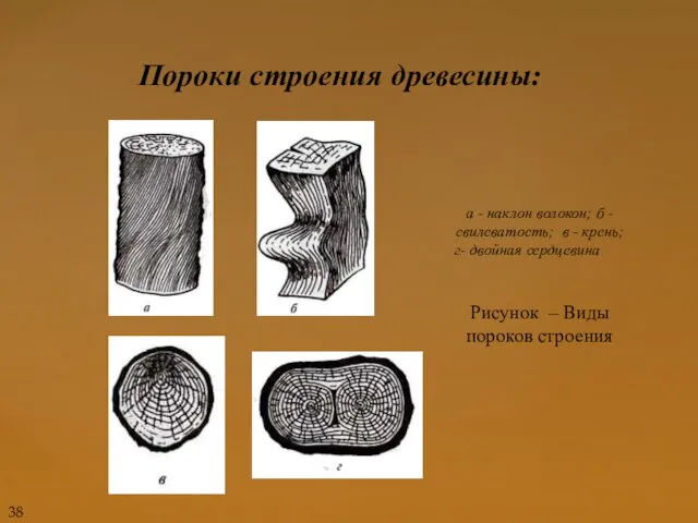 Пороки строения древесины: а - наклон волокон; б - свилеватость; в