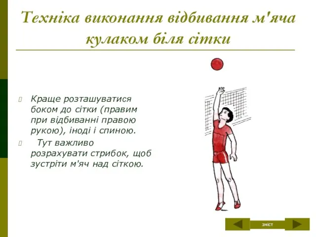 Техніка виконання відбивання м'яча кулаком біля сітки Краще розташуватися боком до