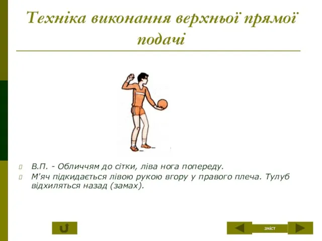 Техніка виконання верхньої прямої подачі В.П. - Обличчям до сітки, ліва