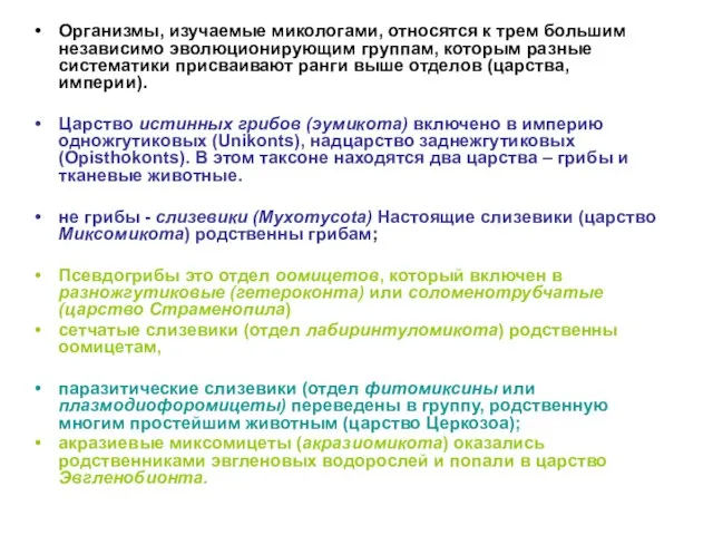 Организмы, изучаемые микологами, относятся к трем большим независимо эволюционирующим группам, которым