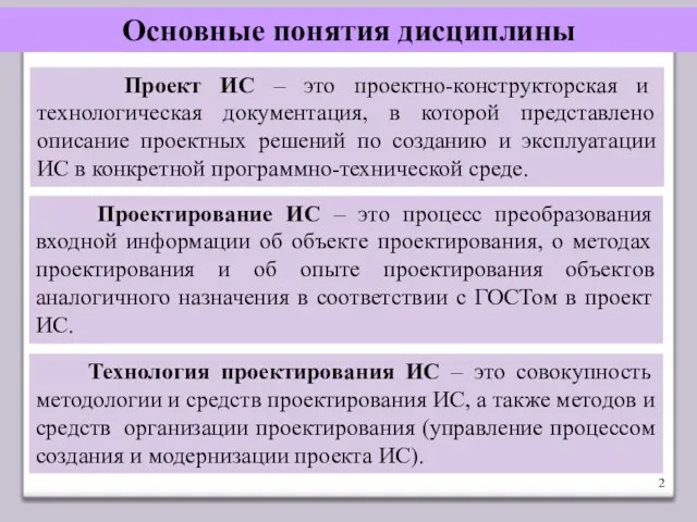 Основные понятия дисциплины Проектирование ИС – это процесс преобразования входной информации