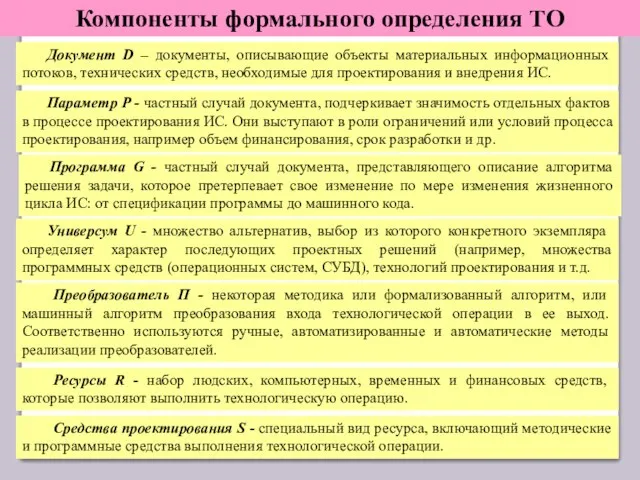 Компоненты формального определения TO Документ D – документы, описывающие объекты материальных