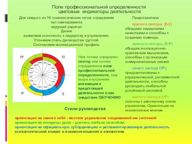 Поле профессиональной определенности цветовые индикаторы деятельности Представители красного сектора (E/J) обладают