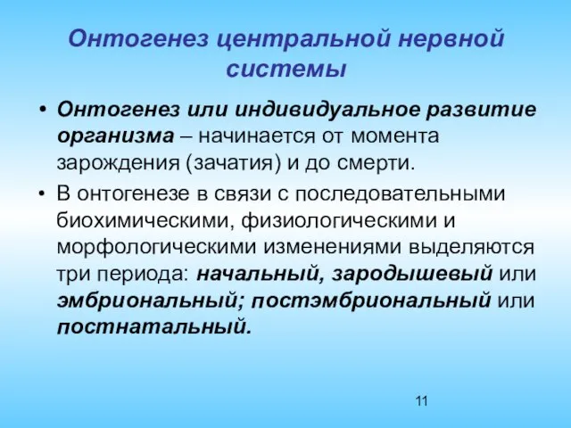 Онтогенез центральной нервной системы Онтогенез или индивидуальное развитие организма – начинается