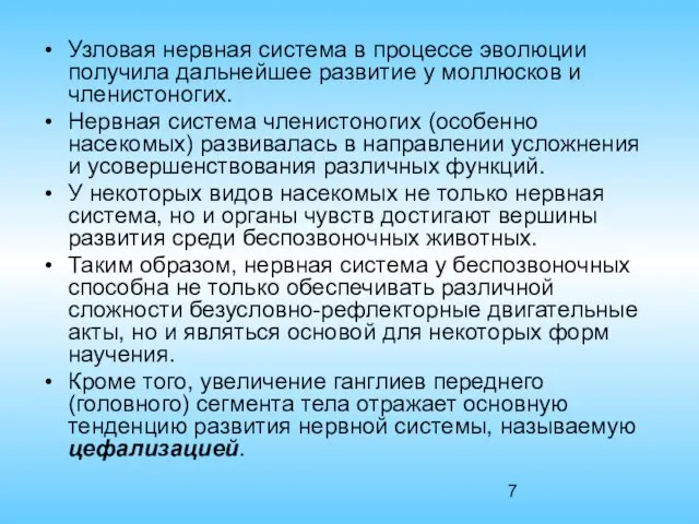 Узловая нервная система в процессе эволюции получила дальнейшее развитие у моллюсков