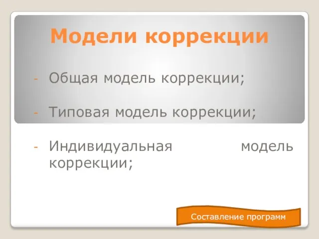 Модели коррекции Общая модель коррекции; Типовая модель коррекции; Индивидуальная модель коррекции; Составление программ