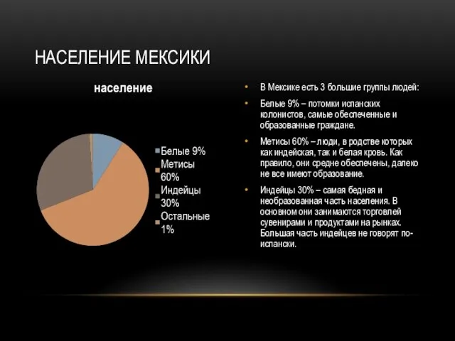 В Мексике есть 3 большие группы людей: Белые 9% – потомки