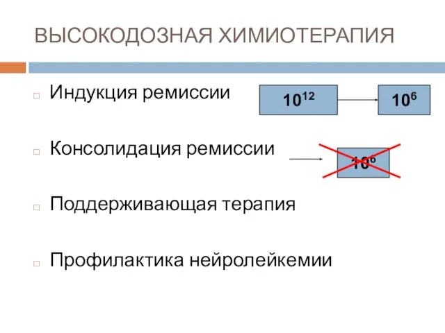 ВЫСОКОДОЗНАЯ ХИМИОТЕРАПИЯ Индукция ремиссии Консолидация ремиссии Поддерживающая терапия Профилактика нейролейкемии 1012 106 106