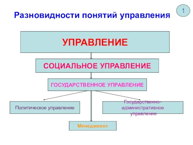 Разновидности понятий управления УПРАВЛЕНИЕ СОЦИАЛЬНОЕ УПРАВЛЕНИЕ ГОСУДАРСТВЕННОЕ УПРАВЛЕНИЕ Политическое управление Государственно-административное управление Менеджмент 1