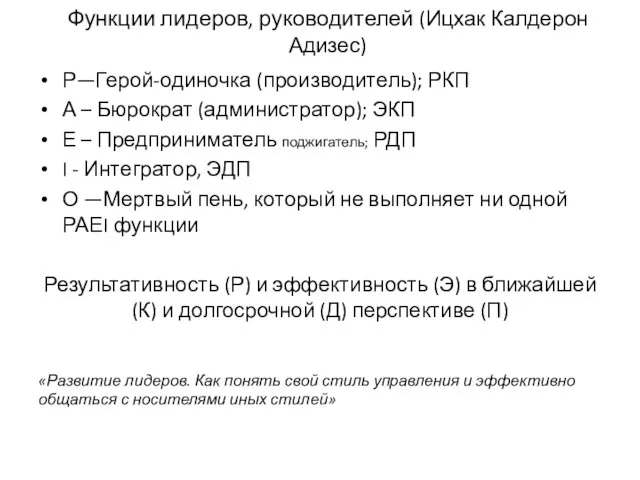 Функции лидеров, руководителей (Ицхак Калдерон Адизес) Р—Герой-одиночка (производитель); РКП А –