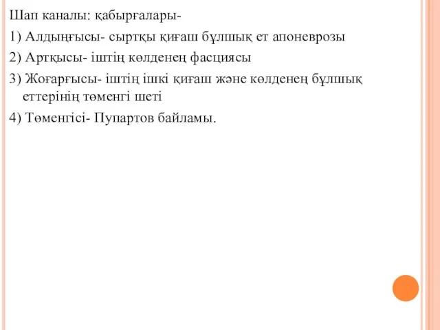 Шап каналы: қабырғалары- 1) Алдыңғысы- сыртқы қиғаш бұлшық ет апоневрозы 2)