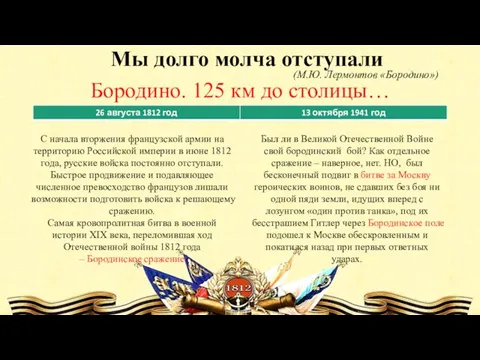 Мы долго молча отступали (М.Ю. Лермонтов «Бородино») Бородино. 125 км до