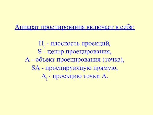 Аппарат проецирования включает в себя: Пi - плоскость проекций, S -