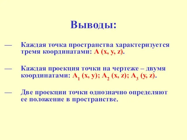 Выводы: Каждая точка пространства характеризуется тремя координатами: А (х, у, z).