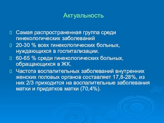 Актуальность Самая распространенная группа среди гинекологических заболеваний 20-30 % всех гинекологических