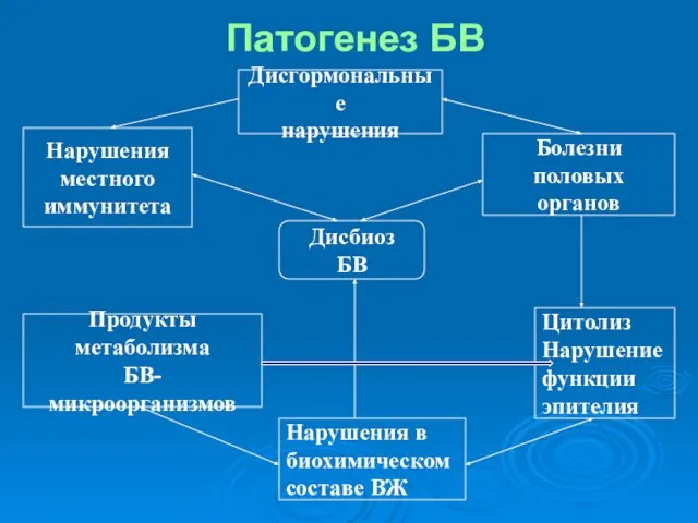 Патогенез БВ Дисгормональные нарушения Дисбиоз БВ Нарушения в биохимическом составе ВЖ