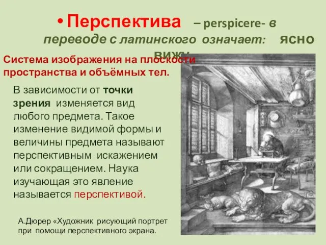 Перспектива – perspicere- в переводе с латинского означает: ясно вижу Система