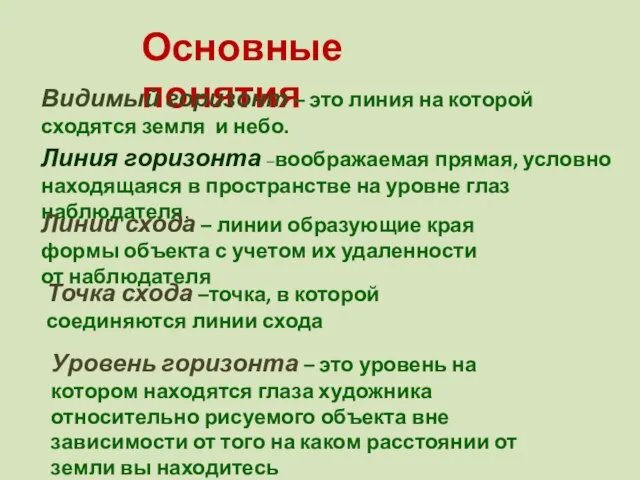 Основные понятия Видимый горизонт – это линия на которой сходятся земля