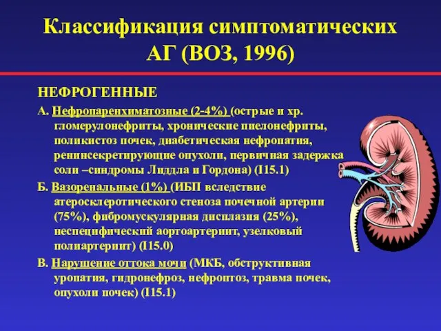 Классификация симптоматических АГ (ВОЗ, 1996) НЕФРОГЕННЫЕ А. Нефропаренхиматозные (2-4%) (острые и