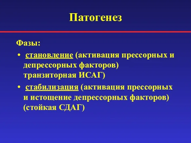 Патогенез Фазы: становление (активация прессорных и депрессорных факторов) транзиторная ИСАГ) стабилизация