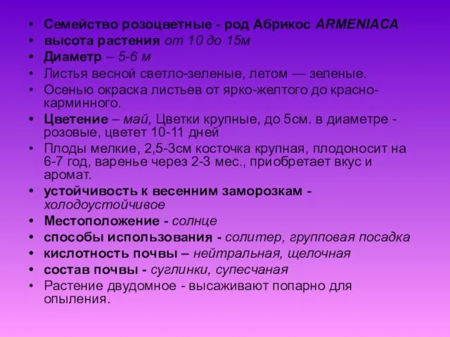 Семейство розоцветные - род Абрикос ARMENIACA высота растения от 10 до