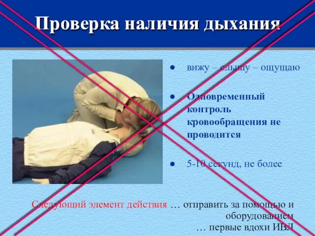 Проверка наличия дыхания вижу – слышу – ощущаю Одновременный контроль кровообращения