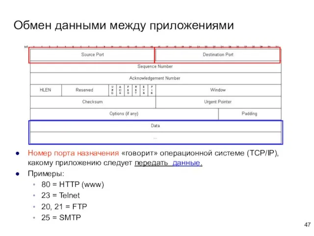 Номер порта назначения «говорит» операционной системе (TCP/IP), какому приложению следует передать