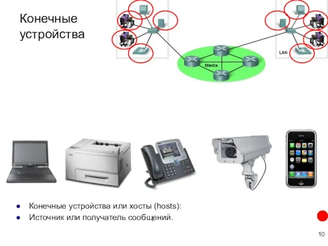 Конечные устройства Конечные устройства или хосты (hosts): Источник или получатель сообщений.