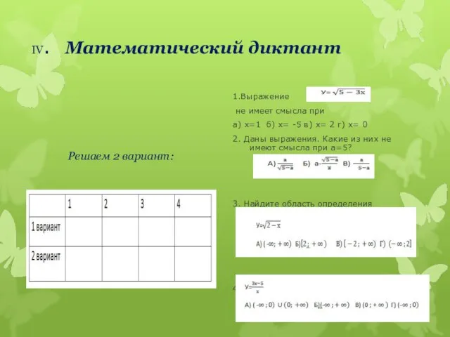 IV. Математический диктант 1.Выражение не и не имеет смысла при а)