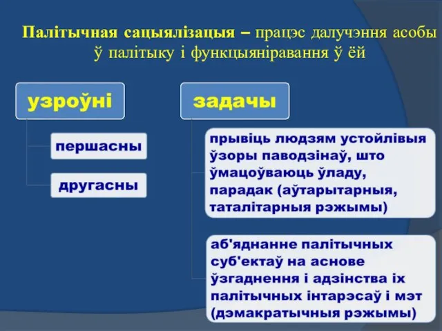 Палітычная сацыялізацыя – працэс далучэння асобы ў палітыку і функцыяніравання ў ёй