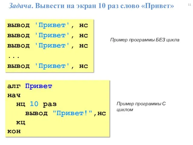 Задача. Вывести на экран 10 раз слово «Привет» вывод 'Привет', нс