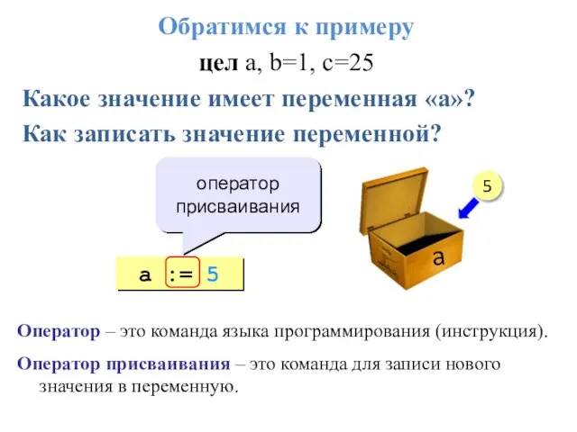 Обратимся к примеру цел а, b=1, c=25 Какое значение имеет переменная