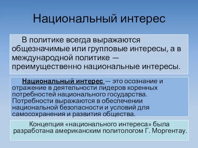 Национальный интерес В политике всегда выражаются общезначимые или групповые интересы, а