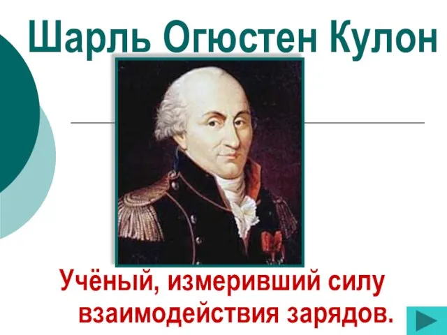 Шарль Огюстен Кулон Учёный, измеривший силу взаимодействия зарядов.