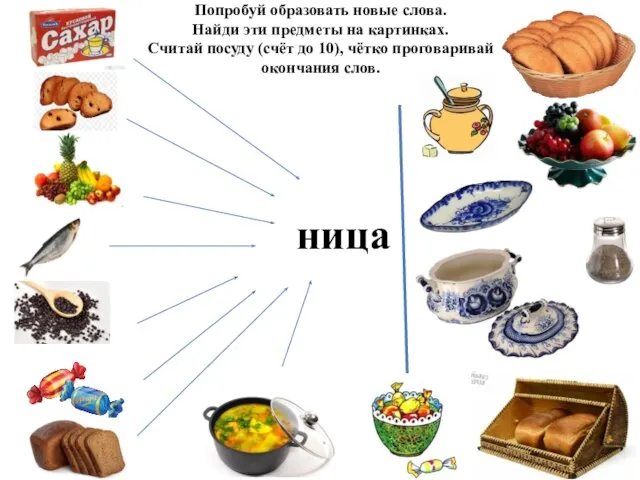 Попробуй образовать новые слова. Найди эти предметы на картинках. Считай посуду