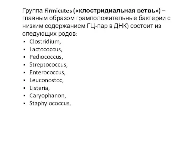 Группа Firmicutes («клостридиальная ветвь») – главным образом грамположительные бактерии с низким