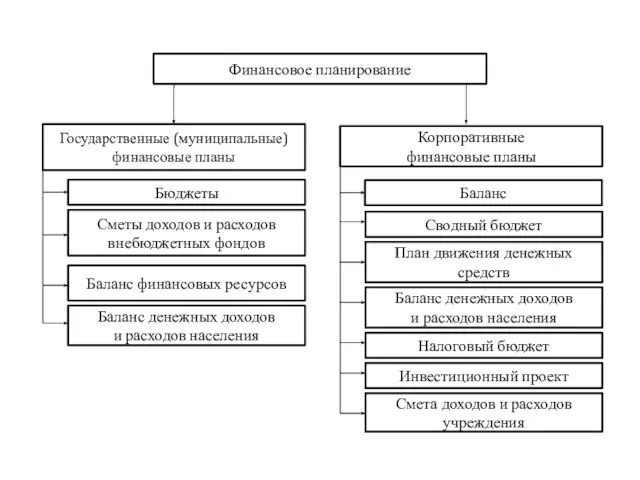 Финансовое планирование Государственные (муниципальные) финансовые планы Корпоративные финансовые планы Бюджеты Сметы