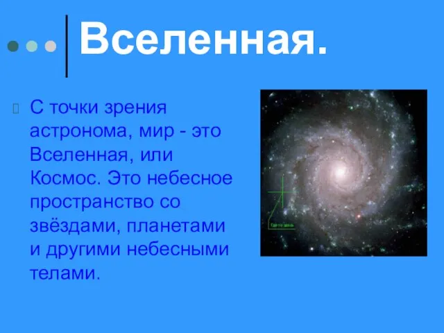 Вселенная. С точки зрения астронома, мир - это Вселенная, или Космос.