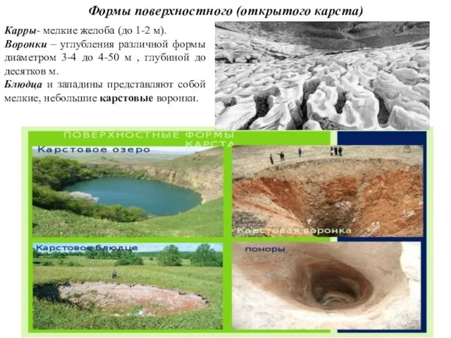 Формы поверхностного (открытого карста) Карры- мелкие желоба (до 1-2 м). Воронки