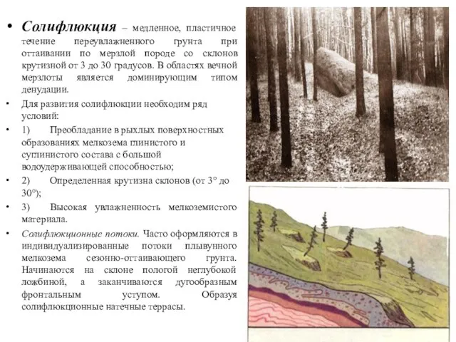 Солифлюкция – медленное, пластичное течение переувлажненного грунта при оттаивании по мерзлой