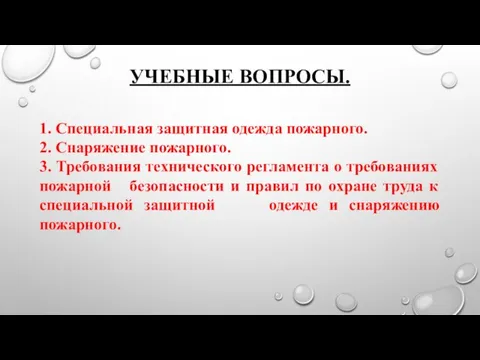 УЧЕБНЫЕ ВОПРОСЫ. 1. Специальная защитная одежда пожарного. 2. Снаряжение пожарного. 3.