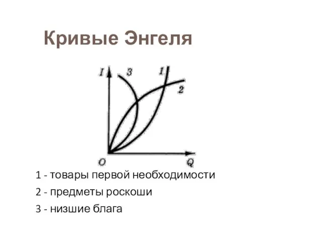 Кривые Энгеля 1 - товары первой необходимости 2 - предметы роскоши 3 - низшие блага