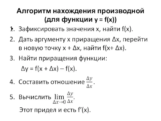 Алгоритм нахождения производной (для функции y = f(x))